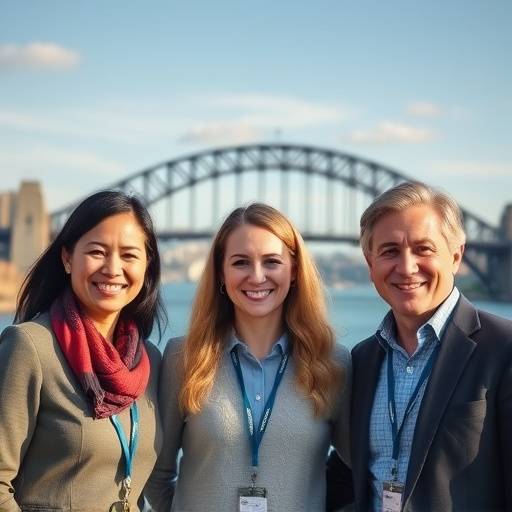 InterviewAce Australia team photo. Sarah Chen, David Lee, and Emily Carter are smiling and standing in front of the Sydney Harbour Bridge.